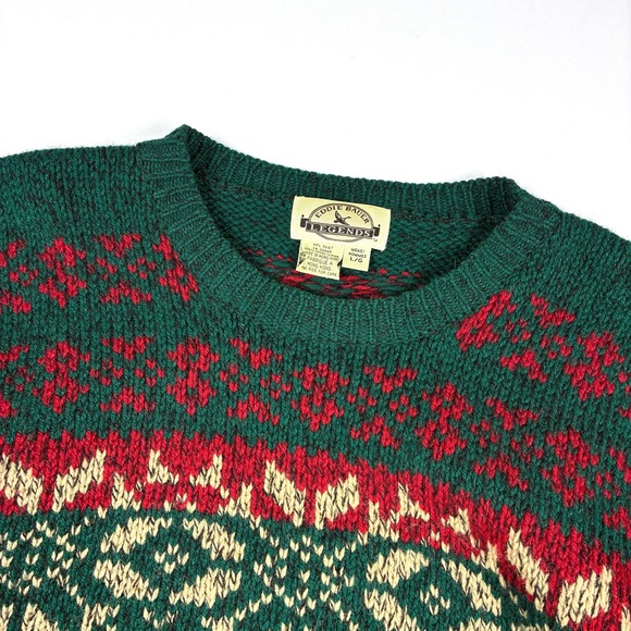 Eddie Bauer Legends Vintage 100% Wool Green Knit Fair Isle Snowflake Sweater - Picture 2 of 7